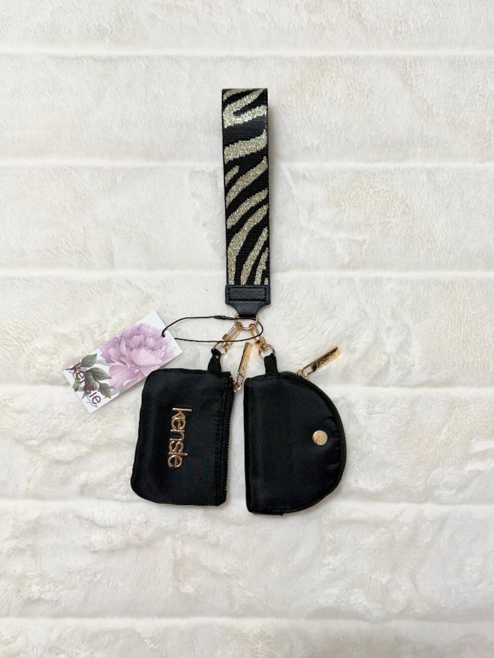 Kensie Black Gold Zebra Wristlet Keychain Nylon Coin Pouch Set Womens NWT